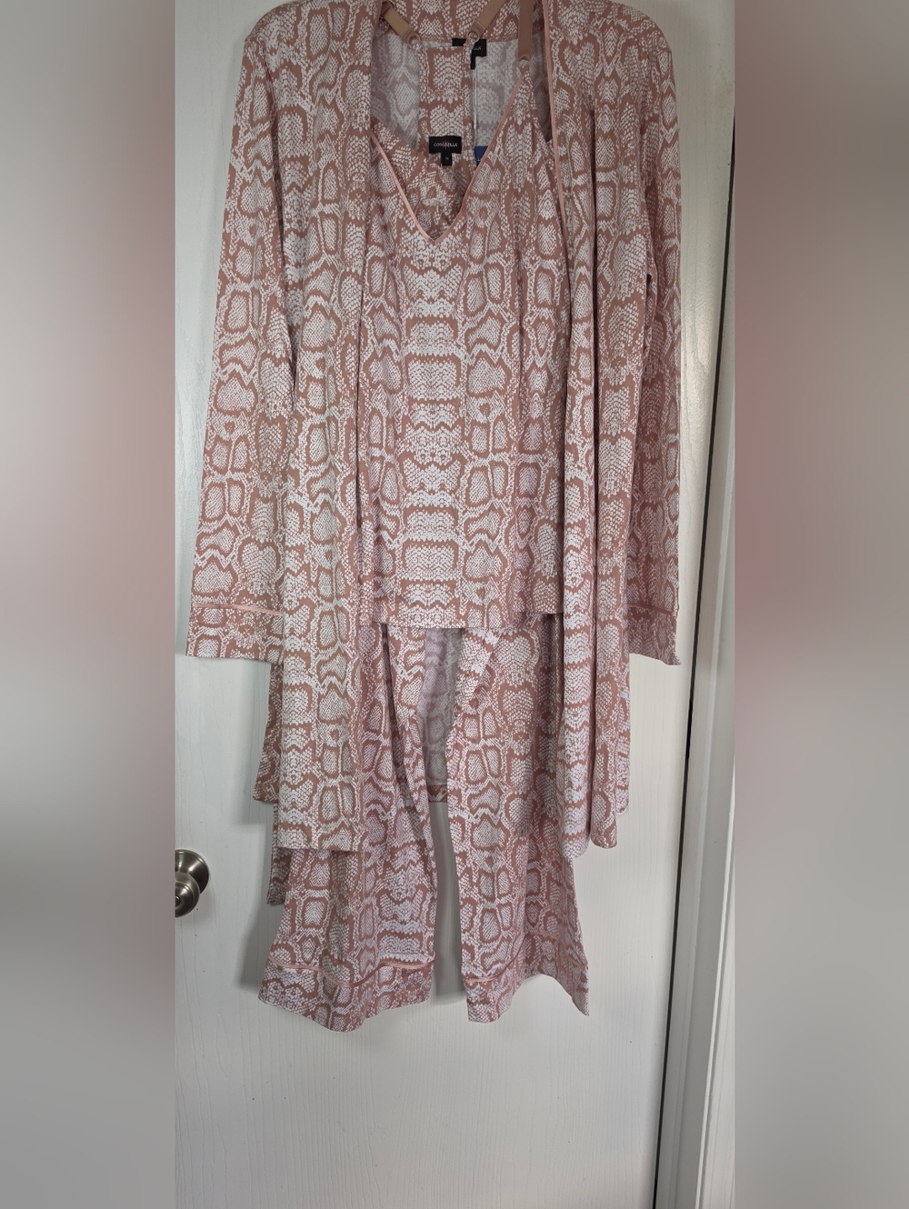 Cosabella Bella 3pc Pajama Set Pima Cotton Snake Print Cami Pants Robe Pink M